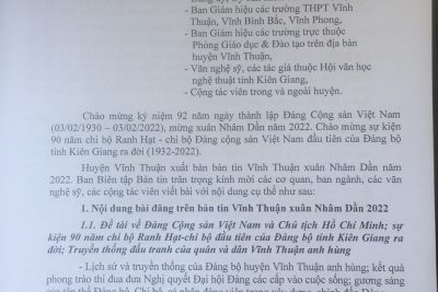 Công văn số 02-CV/BBT huyện Vĩnh Thuận, ngày 03/12/2021 về việc mời viết bài đăng trên bản tin Vĩnh Thuận Xuân Nhâm Dần năm 2022